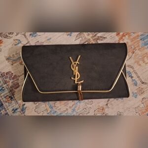 No Brand Inspired YBlack Suede Envelope Clutch S with Gold Hardware L